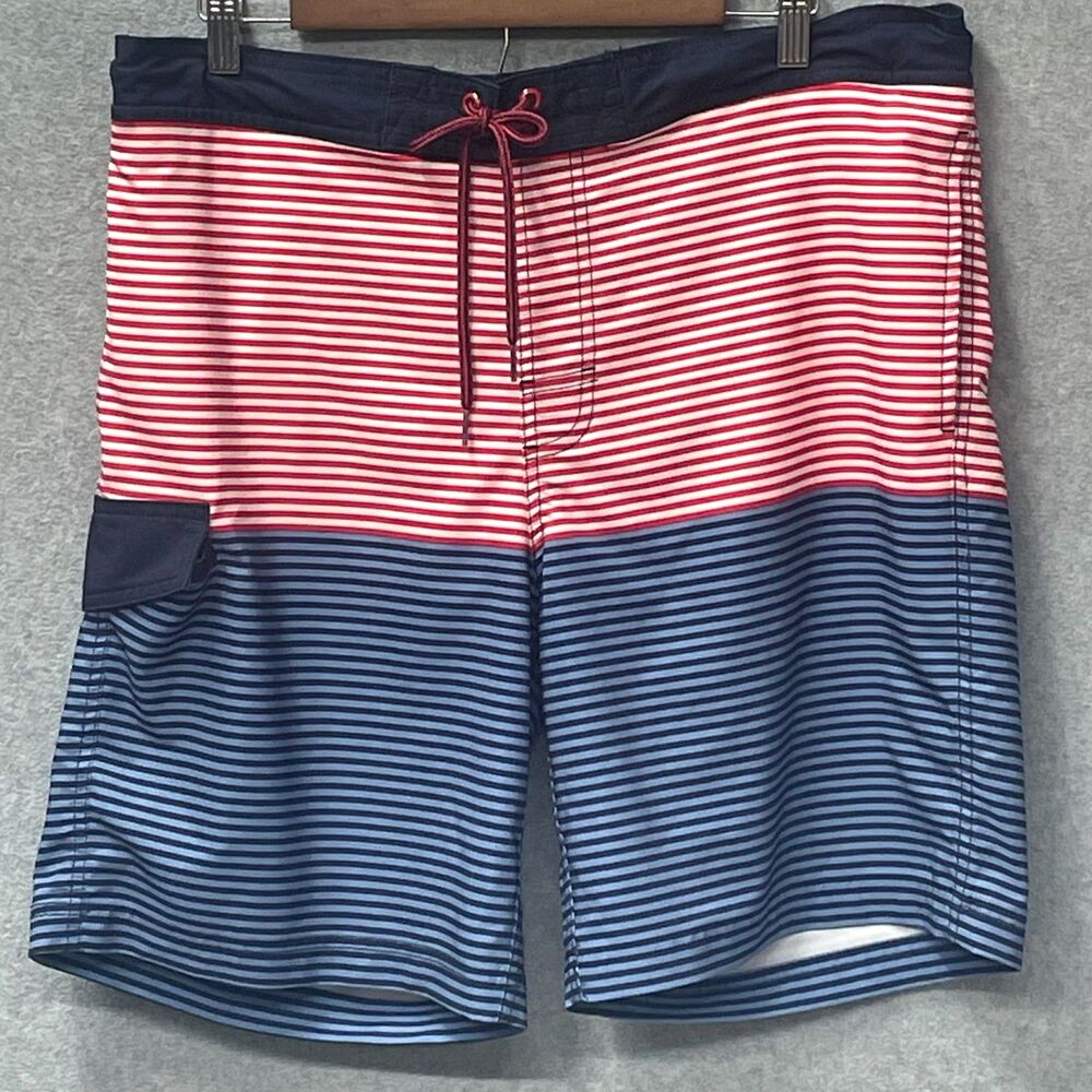 Men’s George Red White Blue Striped Swim Trunks Size L 36-38